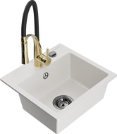 Mexen Milo 1-bowl granite sink with Aster kitchen faucet, white - 6505-20-73450-57-B