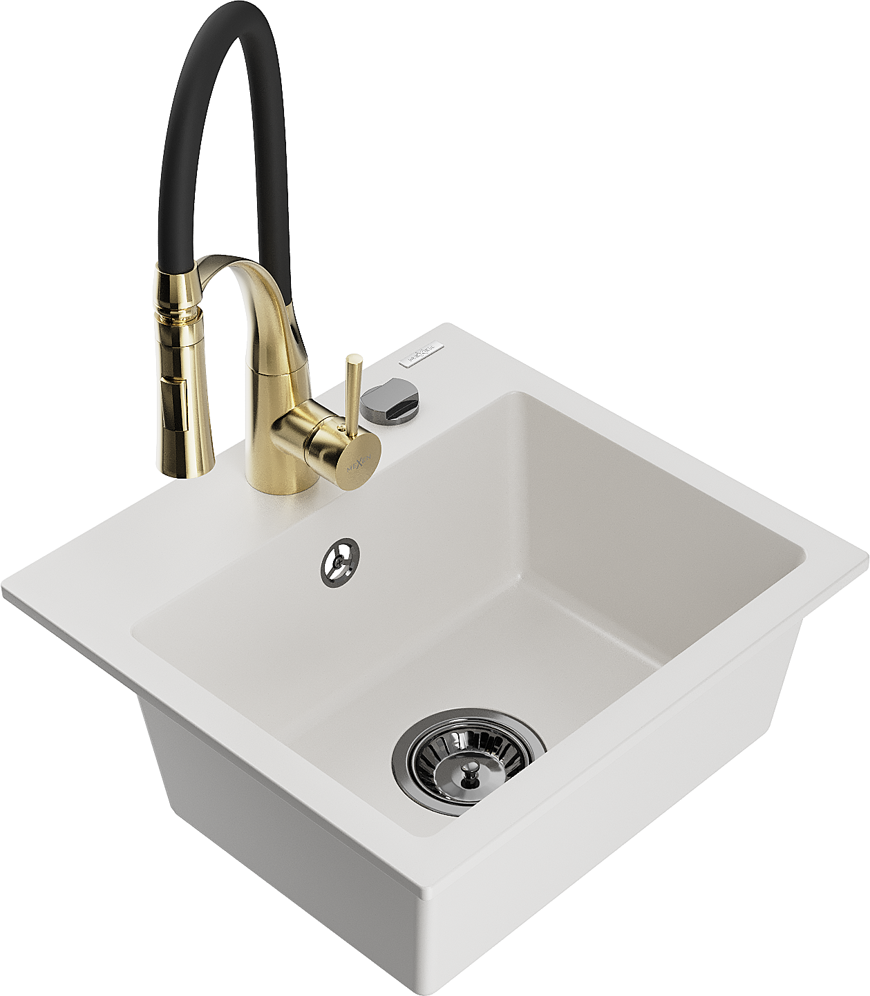 Mexen Milo 1-compartment granite sink with a kitchen mixer tap Aster, White - 6505-20-73450-57-B