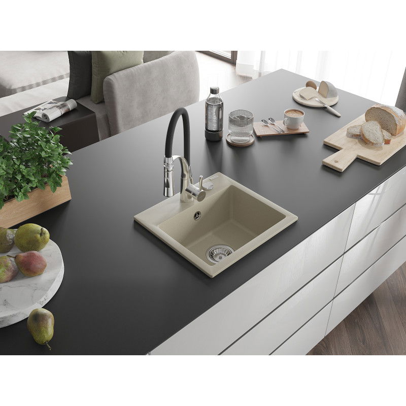 Mexen Milo 1-bowl granite sink with Aster kitchen tap, beige - 6505-69-73450-07