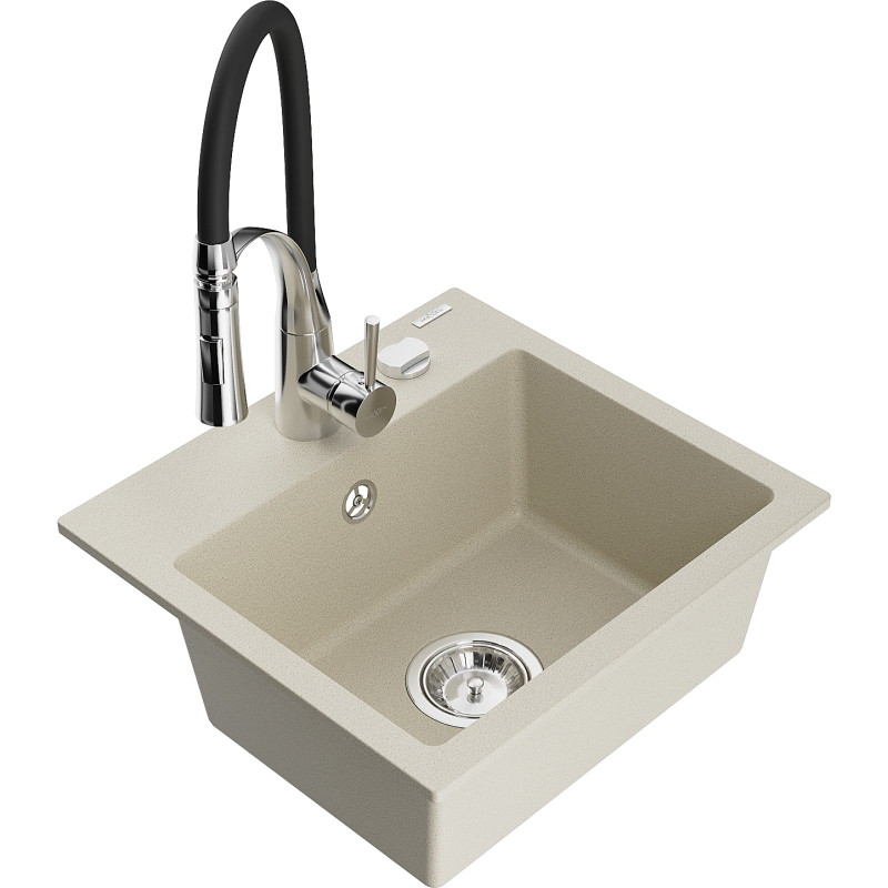 Mexen Milo 1-bowl granite kitchen sink with kitchen faucet Aster, beige - 6505-69-73450-07