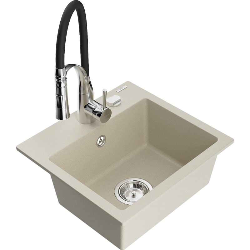 Mexen Milo 1-bowl granite sink with Aster kitchen faucet, beige - 6505-69-73450-07