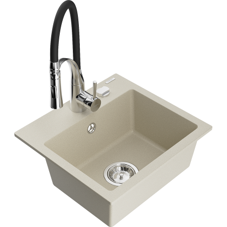 Mexen Milo 1-bowl granite sink with Aster kitchen faucet, beige - 6505-69-73450-07