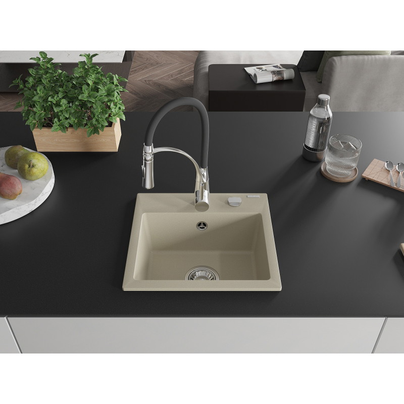Mexen Milo 1-bowl granite sink with Aster kitchen faucet, beige - 6505-69-73450-07