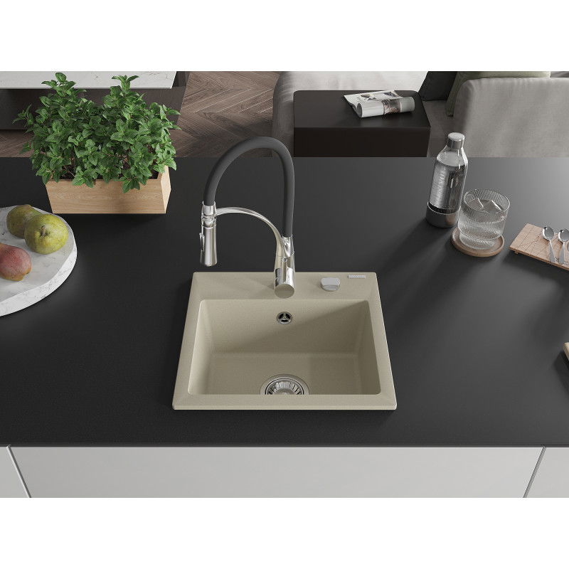 Mexen Milo 1-bowl granite sink with Aster kitchen tap, beige - 6505-69-73450-07