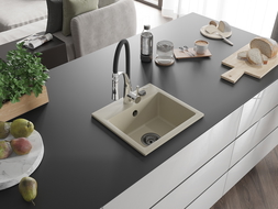 Mexen Milo 1-bowl granite sink with Aster kitchen tap, beige - 6505-69-73450-07-B