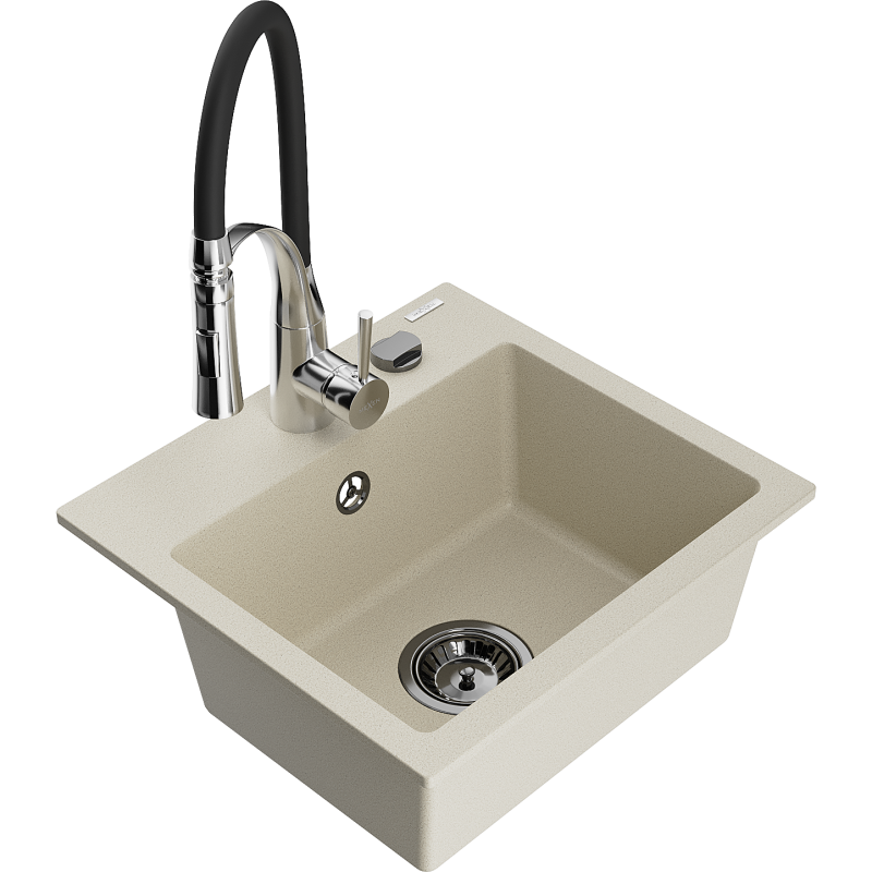 Mexen Milo 1-bowl granite sink with Aster kitchen tap, beige - 6505-69-73450-07-B