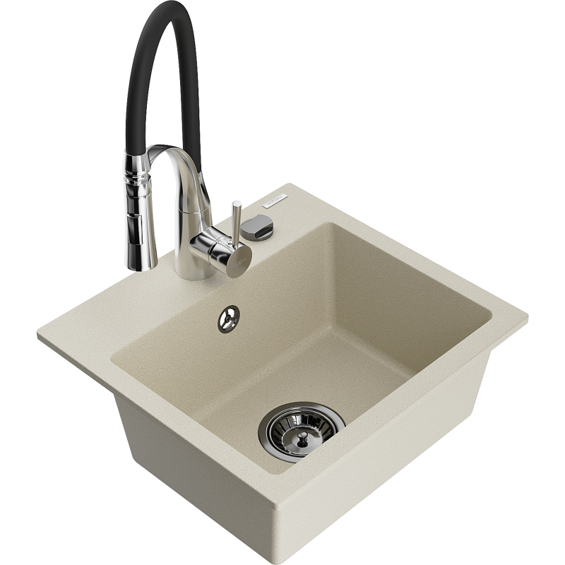 Mexen Milo 1-compartment granite sink with a kitchen mixer tap Aster, Beige - 6505-69-73450-07-B