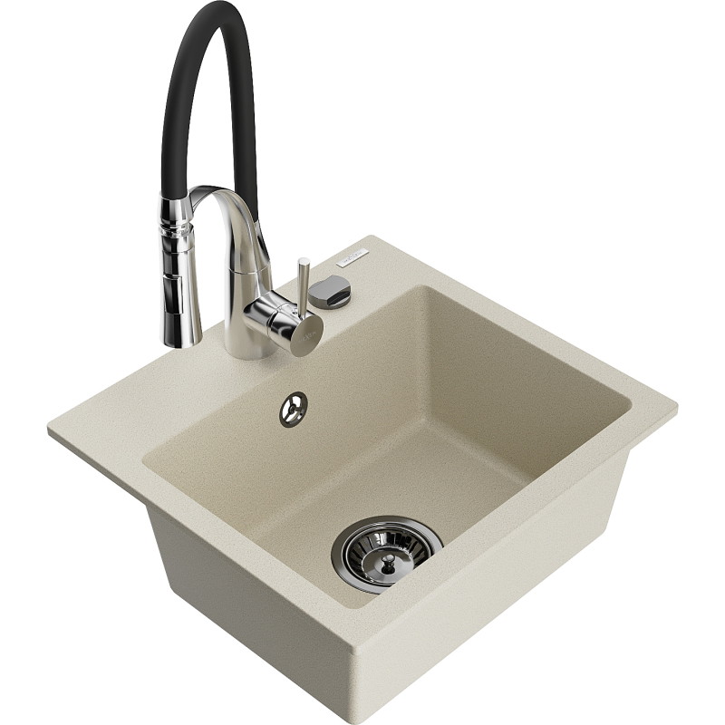 Mexen Milo single-bowl granite sink with Aster kitchen faucet, beige - 6505-69-73450-07-B