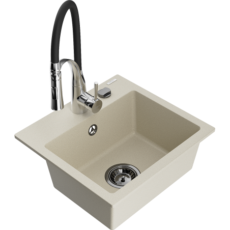 Mexen Milo 1-bowl granite sink with Aster kitchen tap, beige - 6505-69-73450-07-B
