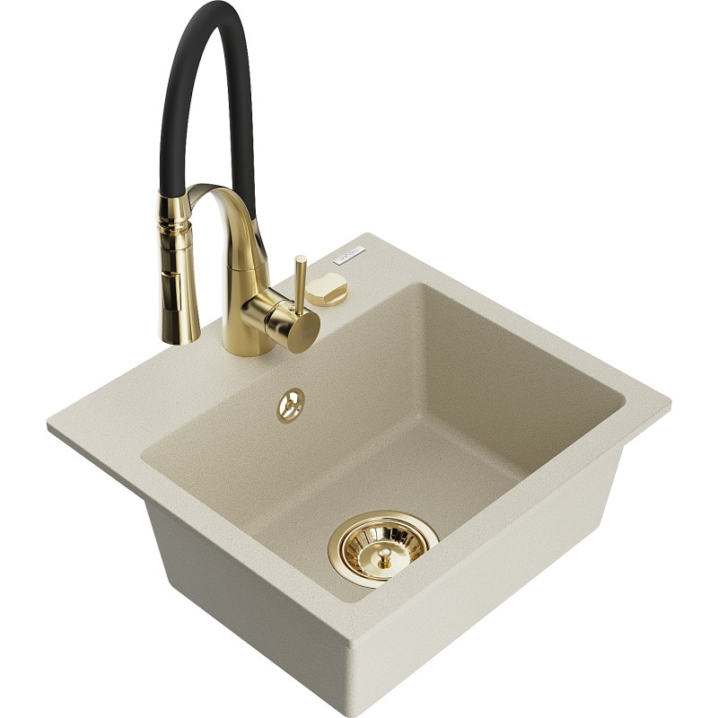 Mexen Milo 1-bowl granite sink with Aster kitchen faucet, beige - 6505-69-73450-57-G