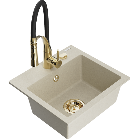Mexen Milo 1-bowl granite sink with Aster kitchen faucet, beige - 6505-69-73450-57-G
