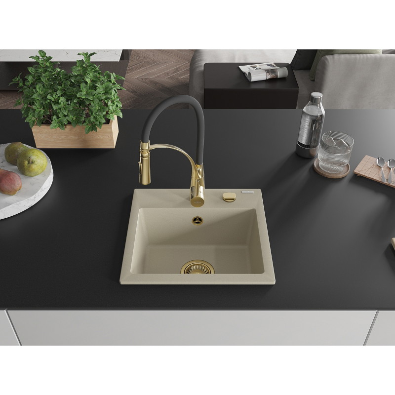 Mexen Milo 1-bowl granite sink with Aster kitchen faucet, beige - 6505-69-73450-57-G