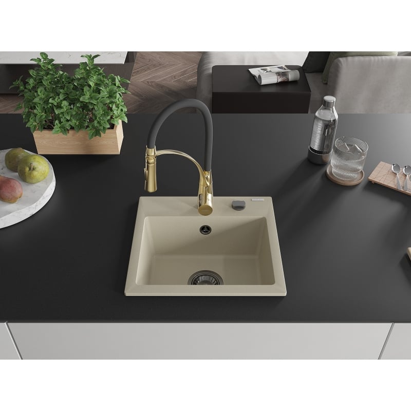 Mexen Milo 1-bowl granite sink with Aster kitchen faucet, beige - 6505-69-73450-57-B