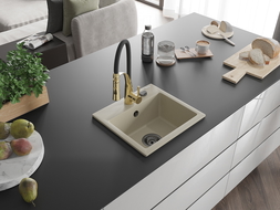 Mexen Milo granite 1-bowl sink with Aster kitchen tap, beige - 6505-69-73450-57-B