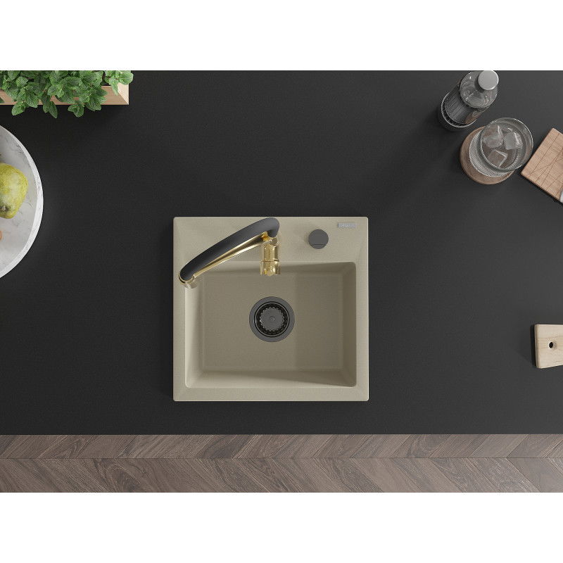 Mexen Milo granite 1-bowl sink with Aster kitchen tap, beige - 6505-69-73450-57-B