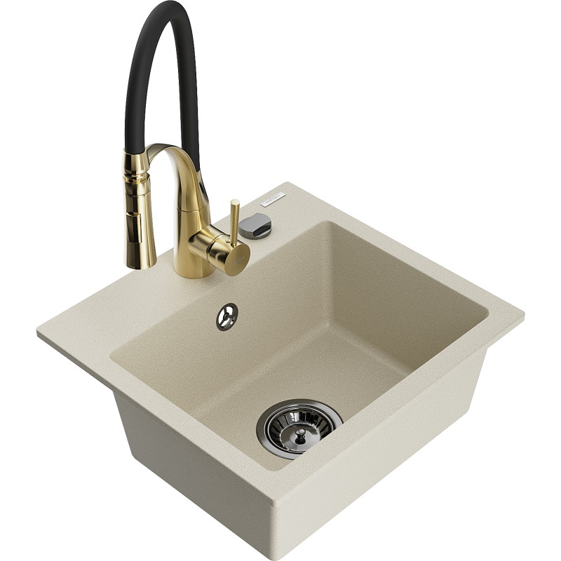 Mexen Milo 1-bowl granite sink with Aster kitchen faucet, beige - 6505-69-73450-57-B