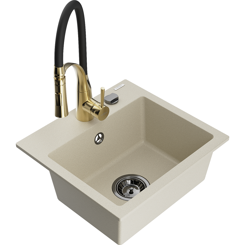 Mexen Milo granite 1-bowl sink with Aster kitchen tap, beige - 6505-69-73450-57-B