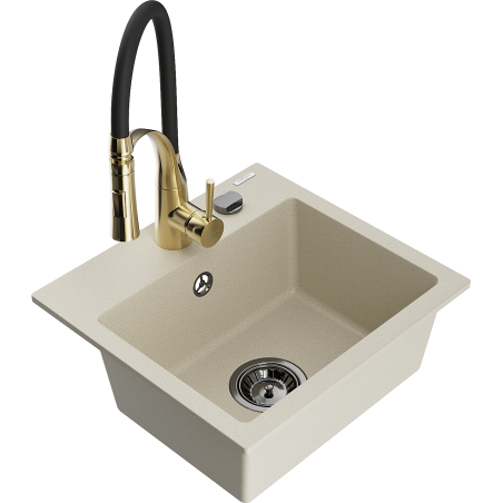 Mexen Milo 1-bowl granite sink with Aster kitchen faucet, beige - 6505-69-73450-57-B