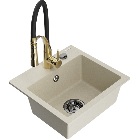 Mexen Milo granite 1-bowl sink with Aster kitchen tap, beige - 6505-69-73450-57-B