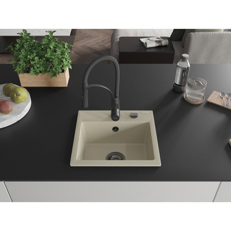 Mexen Milo 1-bowl granite sink with Aster kitchen tap, beige - 6505-69-73450-70-B
