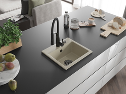 Mexen Milo 1-bowl granite sink with Aster kitchen tap, beige - 6505-69-73450-70-B
