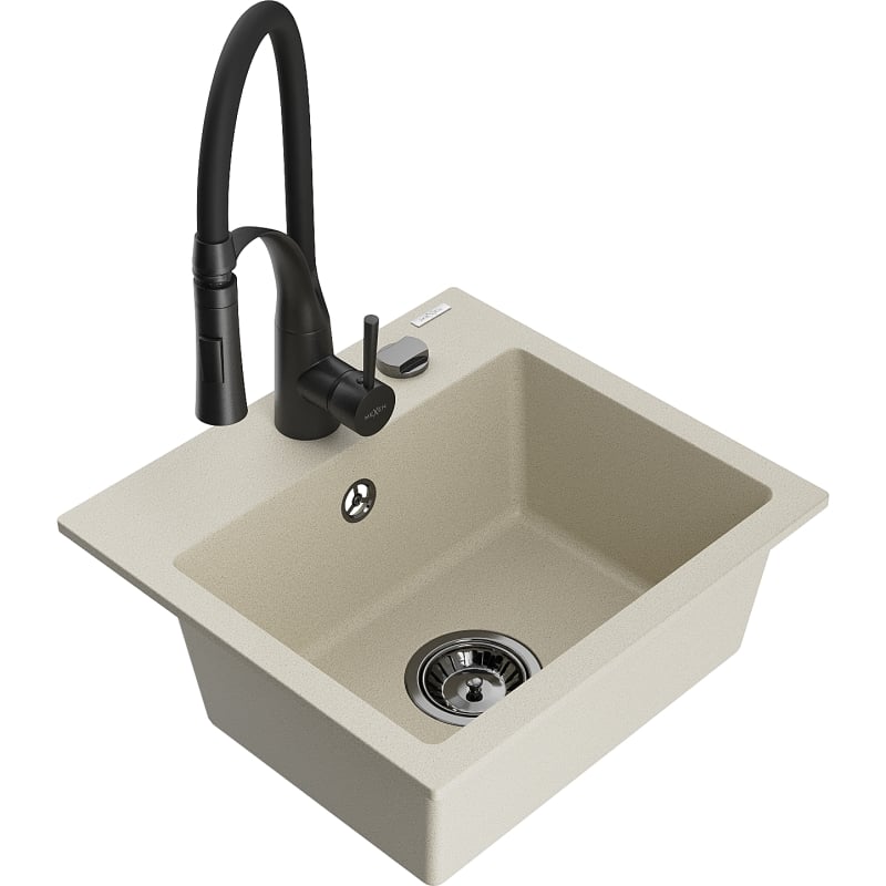 Mexen Milo 1-bowl Granite Sink with Aster Kitchen Faucet, Beige - 6505-69-73450-70-B