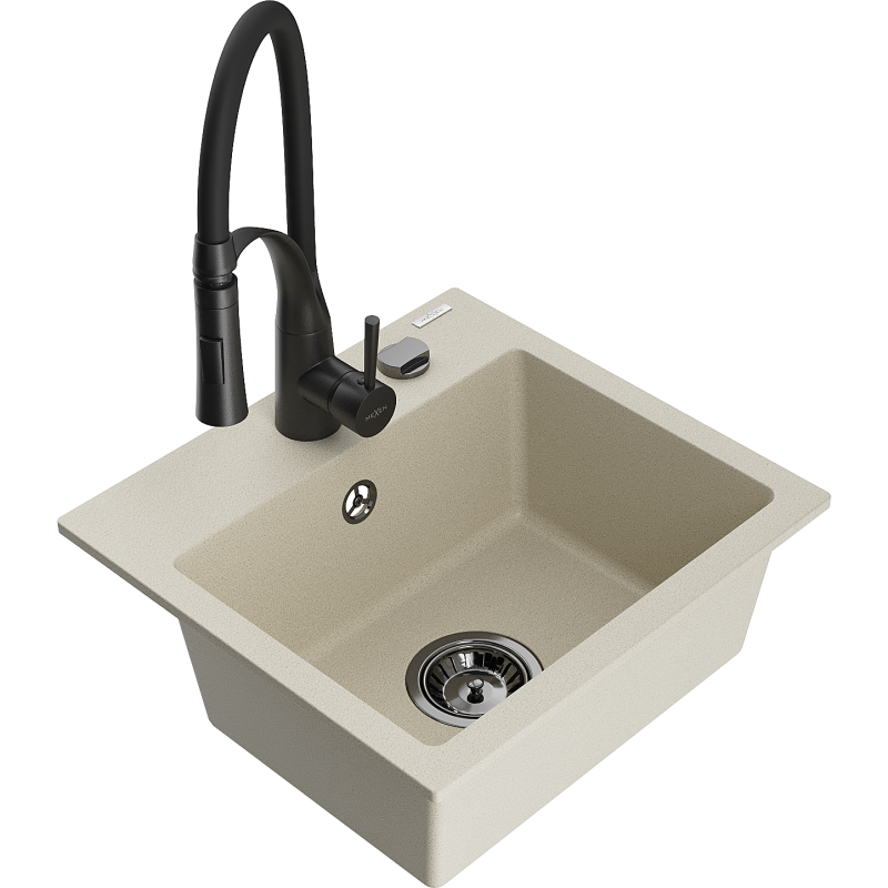 Mexen Milo 1-compartment granite sink with a kitchen mixer tap Aster, Beige - 6505-69-73450-70-B