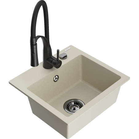Mexen Milo 1-bowl granite sink with Aster kitchen tap, beige - 6505-69-73450-70-B
