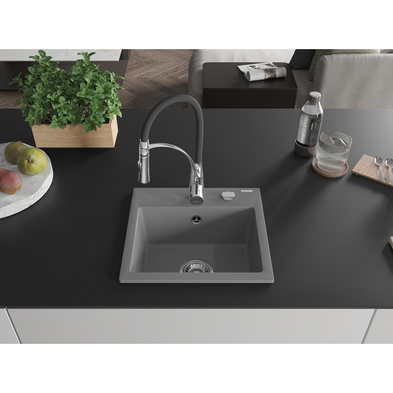 Mexen Milo 1-bowl granite sink with Aster kitchen faucet, gray - 6505-71-73450-07