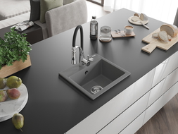 Mexen Milo granite sink 1-bowl with Aster kitchen tap, grey - 6505-71-73450-07
