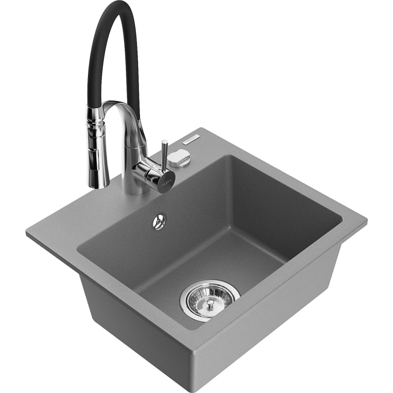 Mexen Milo granite sink 1-bowl with Aster kitchen faucet, gray - 6505-71-73450-07