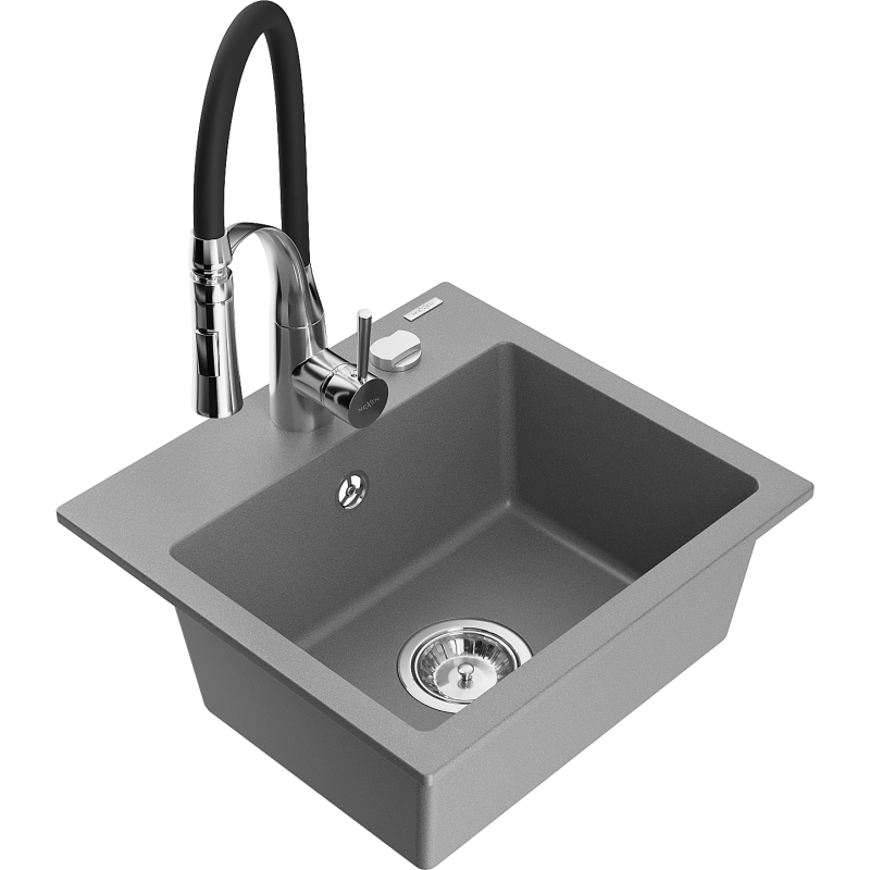 Mexen Milo granite sink 1-bowl with Aster kitchen tap, grey - 6505-71-73450-07