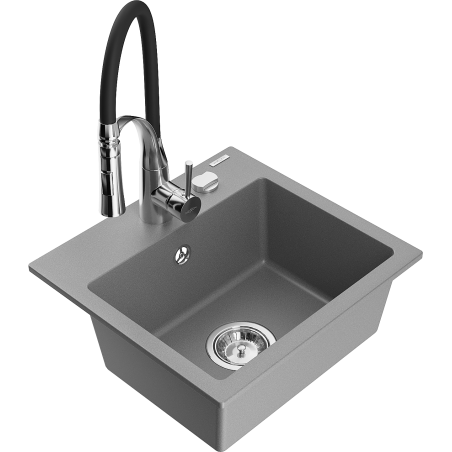 Mexen Milo granite sink 1-bowl with Aster kitchen tap, grey - 6505-71-73450-07