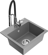 Mexen Milo granite sink 1-bowl with Aster kitchen tap, grey - 6505-71-73450-07