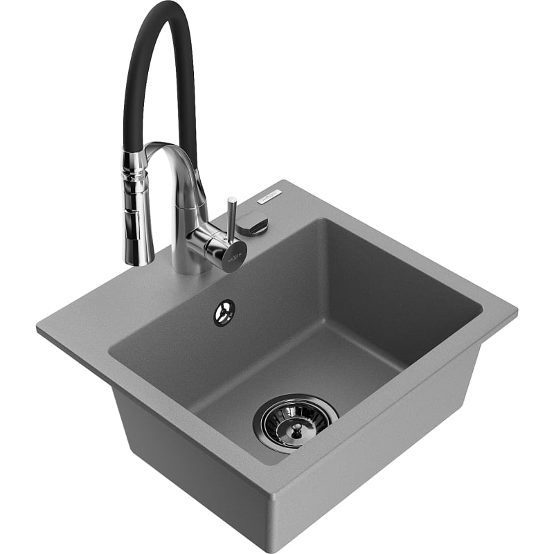 Mexen Milo 1-bowl granite sink with Aster kitchen faucet, gray - 6505-71-73450-07-B