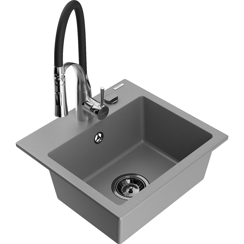 Mexen Milo 1-compartment granite sink with a kitchen mixer tap Aster, Grey - 6505-71-73450-07-B