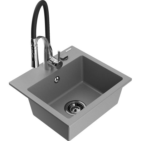 Mexen Milo 1-bowl granite sink with Aster kitchen faucet, gray - 6505-71-73450-07-B