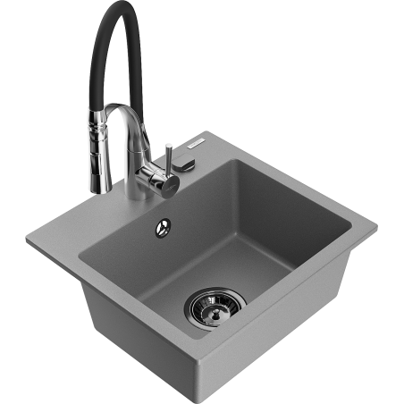 Mexen Milo 1-compartment granite sink with a kitchen mixer tap Aster, Grey - 6505-71-73450-07-B