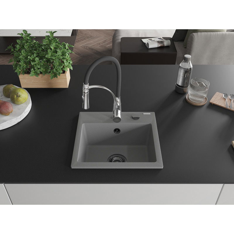 Mexen Milo 1-bowl granite sink with Aster kitchen tap, grey - 6505-71-73450-07-B