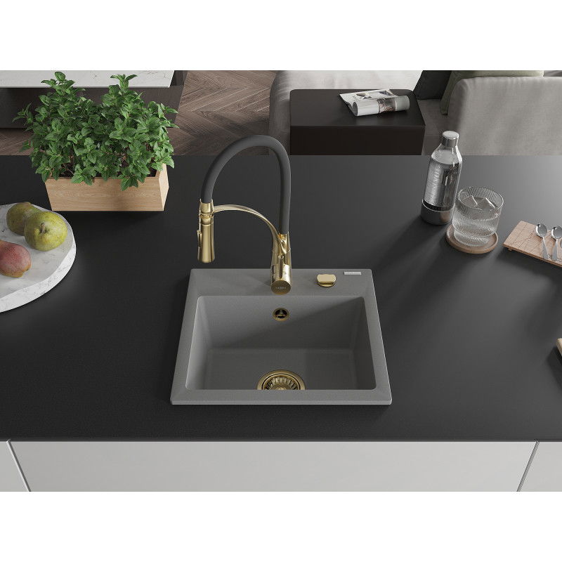 Mexen Milo granite sink 1-bowl with Aster kitchen tap, grey - 6505-71-73450-57-G