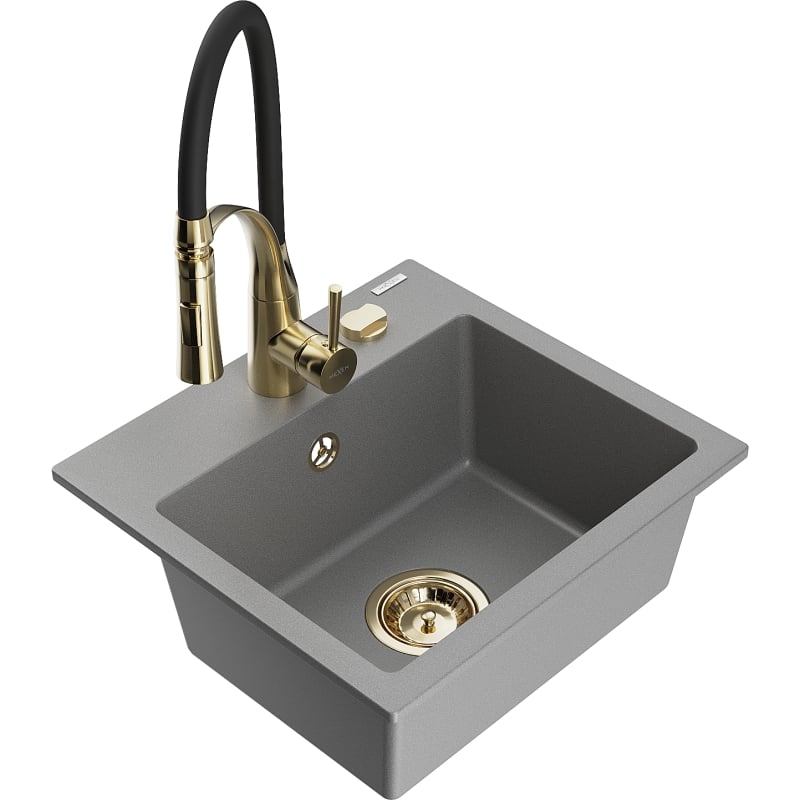 Mexen Milo 1-bowl granite kitchen sink with Aster faucet, gray - 6505-71-73450-57-G