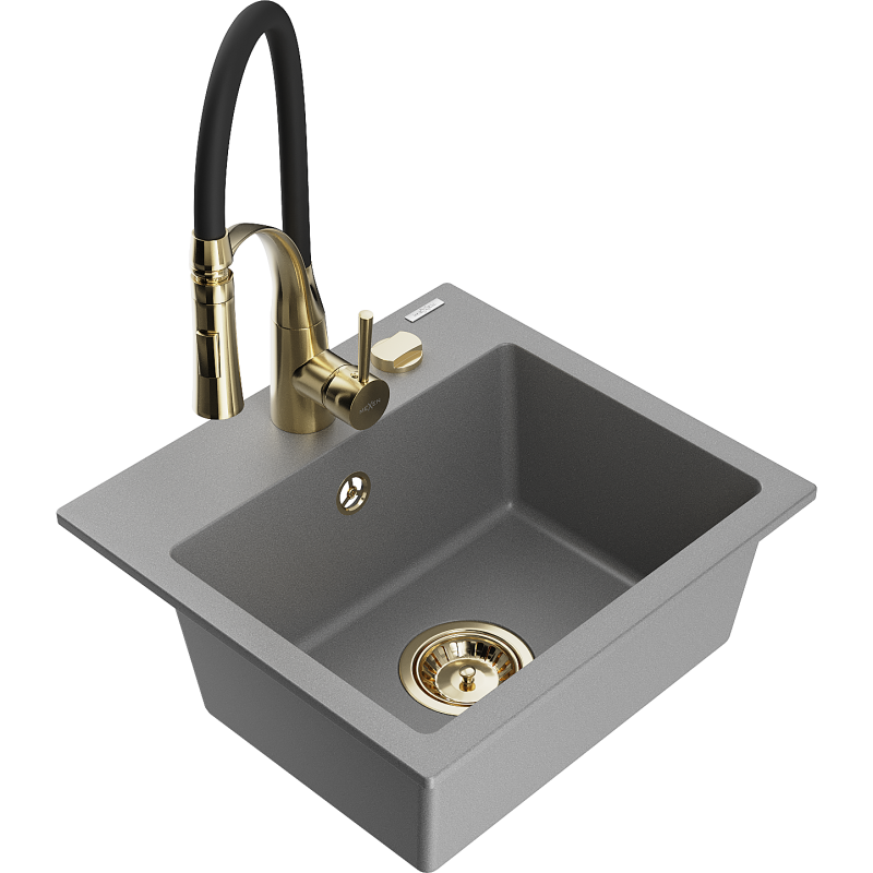 Mexen Milo granite sink 1-bowl with Aster kitchen tap, grey - 6505-71-73450-57-G