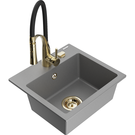 Mexen Milo 1-bowl granite kitchen sink with Aster faucet, gray - 6505-71-73450-57-G