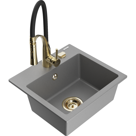 Mexen Milo granite sink 1-bowl with Aster kitchen tap, grey - 6505-71-73450-57-G