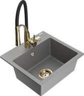 Mexen Milo granite sink 1-bowl with Aster kitchen tap, grey - 6505-71-73450-57-G