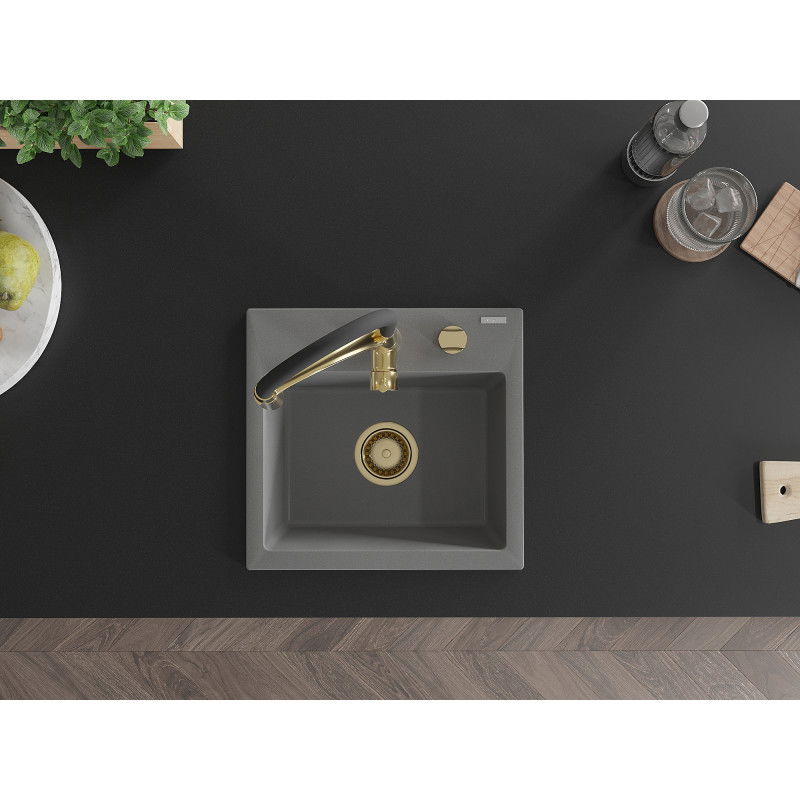 Mexen Milo granite sink 1-bowl with Aster kitchen tap, grey - 6505-71-73450-57-G