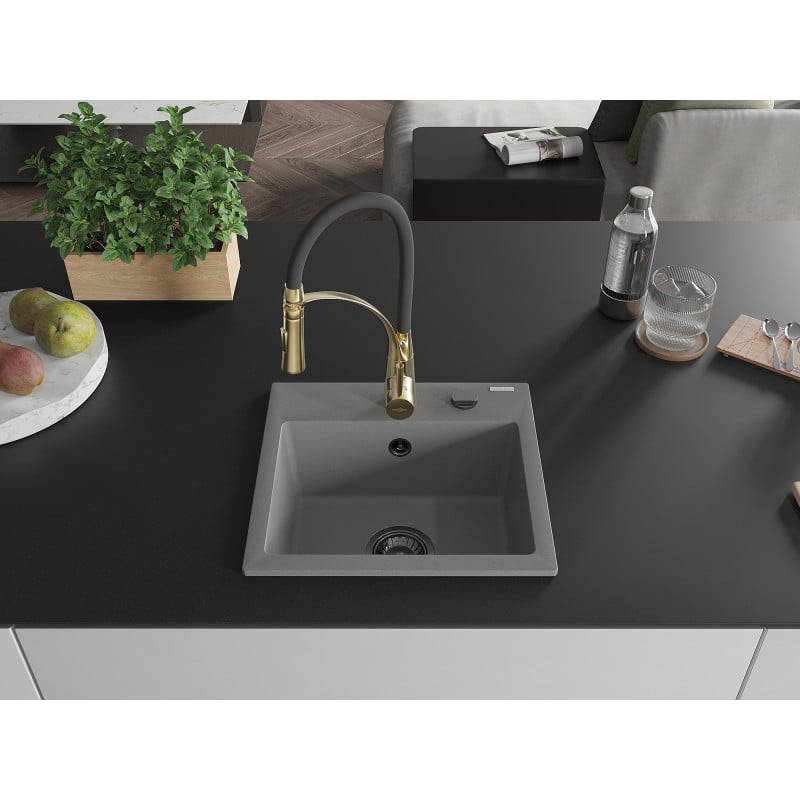 Mexen Milo 1-bowl granite kitchen sink with Aster tap, grey - 6505-71-73450-57-B