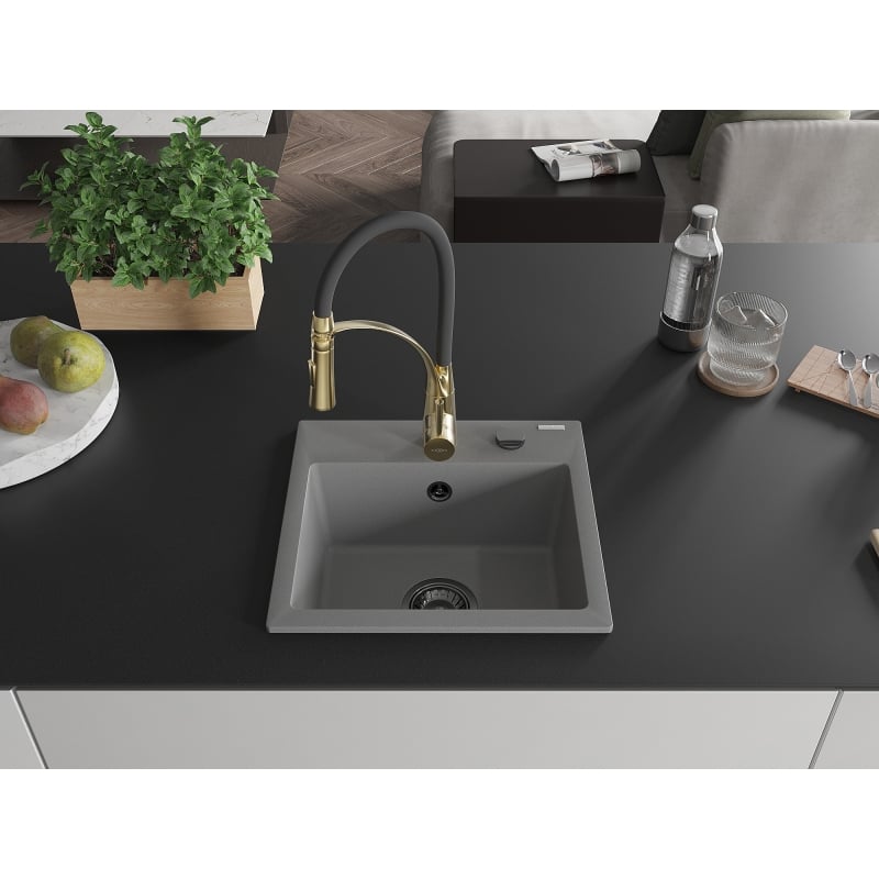 Mexen Milo 1-bowl granite sink with Aster kitchen faucet, gray - 6505-71-73450-57-B