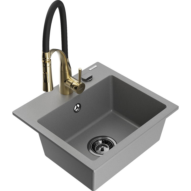 Mexen Milo 1-bowl granite kitchen sink with Aster tap, grey - 6505-71-73450-57-B