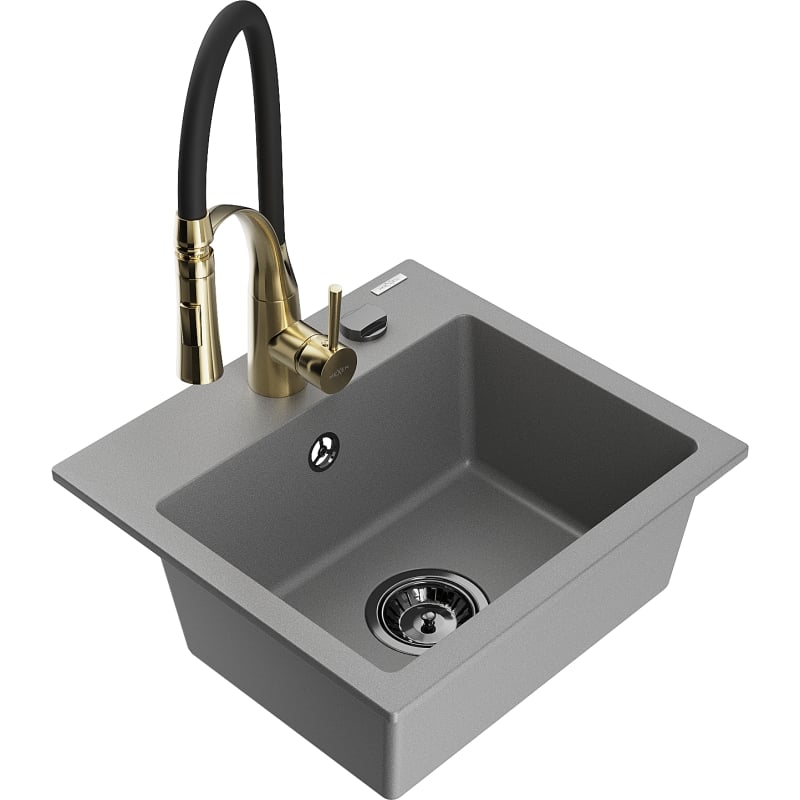 Mexen Milo 1-bowl granite sink with Aster kitchen faucet, gray - 6505-71-73450-57-B